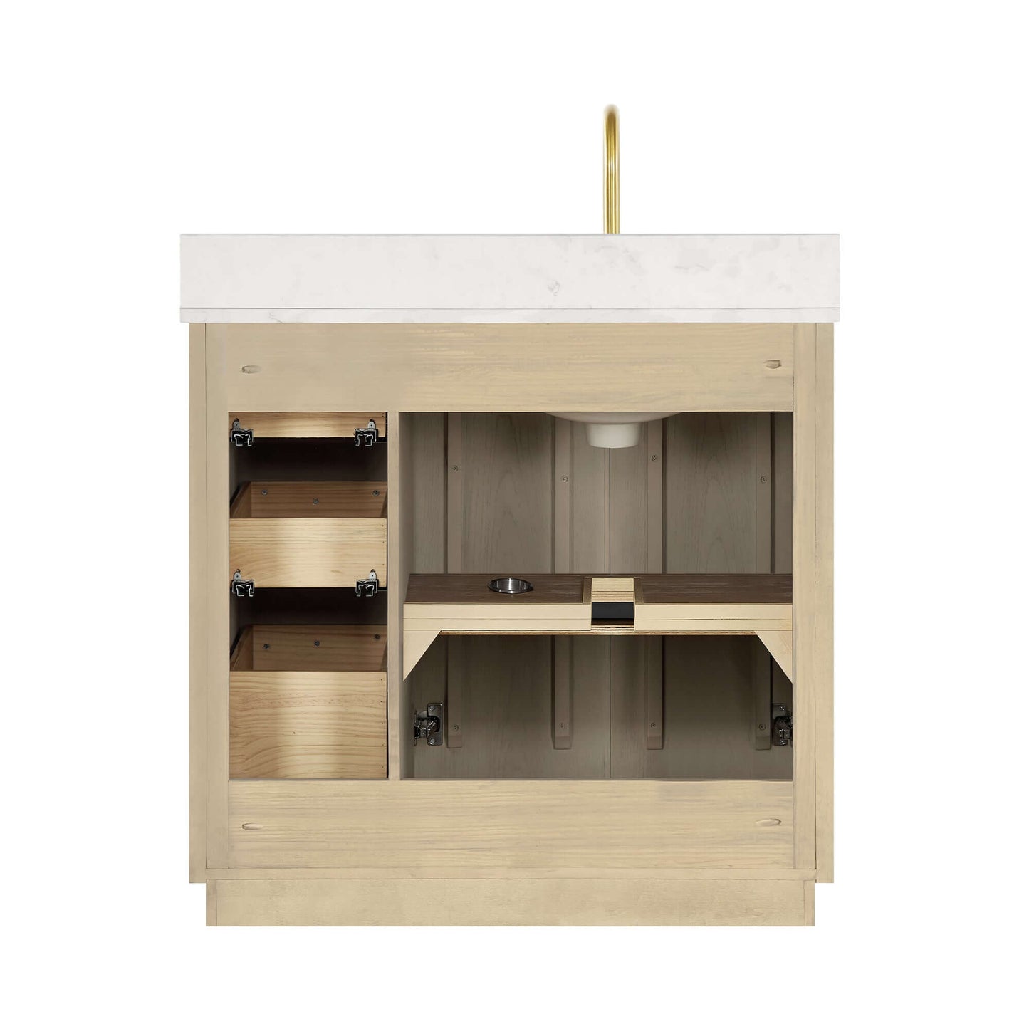 Vinnova Oza 36-inch free-standing single vanity in aged natural oak with white quartz stone top
