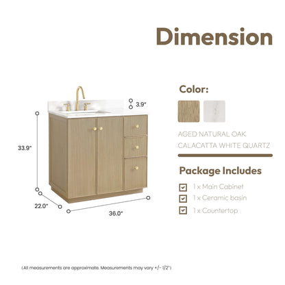 Vinnova Oza 36-inch free-standing single vanity in aged natural oak with white quartz stone top