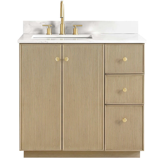 Vinnova Oza 36-inch free-standing single vanity in aged natural oak with white quartz stone top