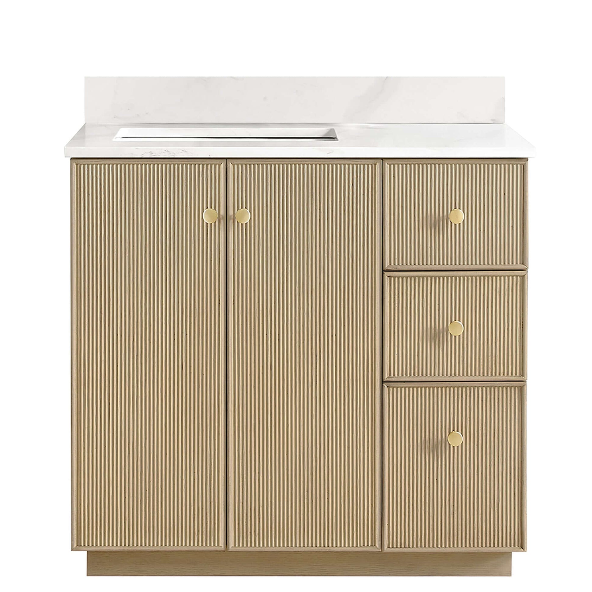 Vinnova Oza 36-inch free-standing single vanity in aged natural oak with white quartz stone top