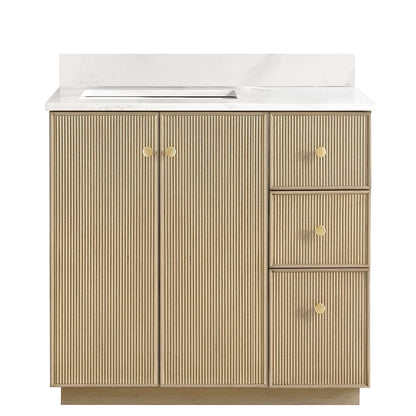 Vinnova Oza 36-inch free-standing single vanity in aged natural oak with white quartz stone top