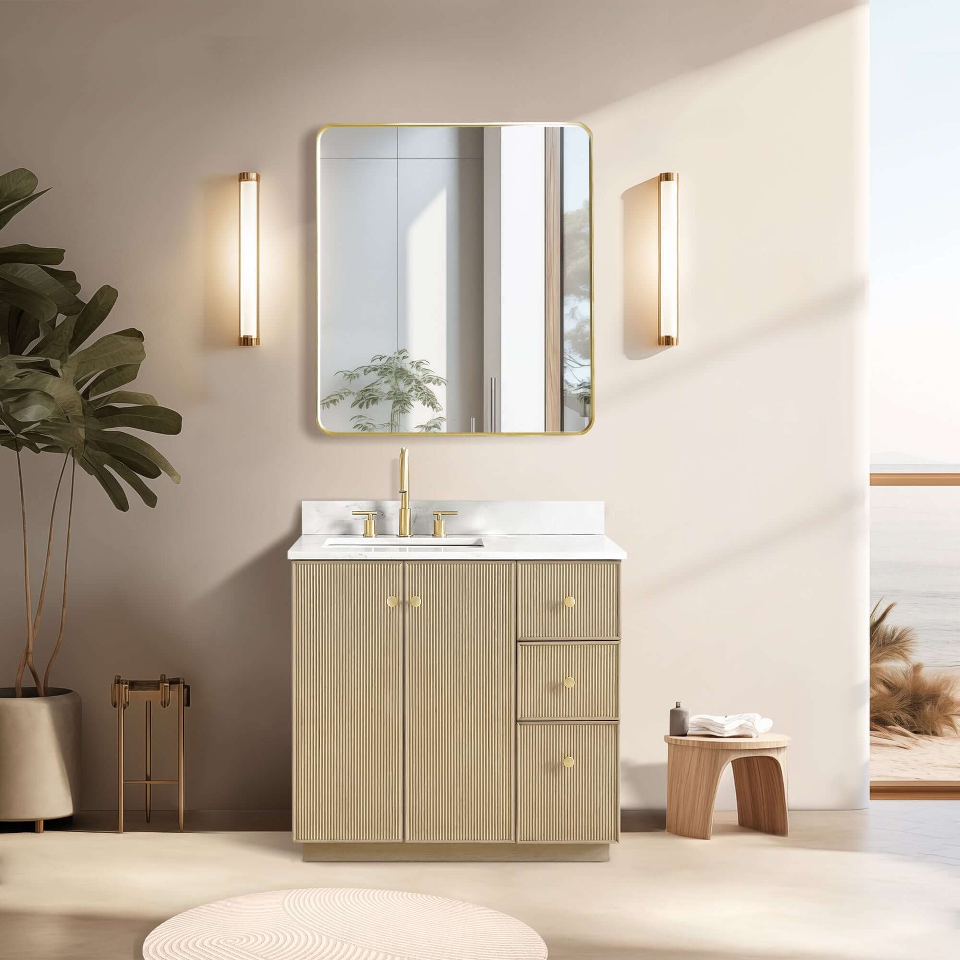 Vinnova Oza 36-inch free-standing single vanity in aged natural oak with white quartz stone top