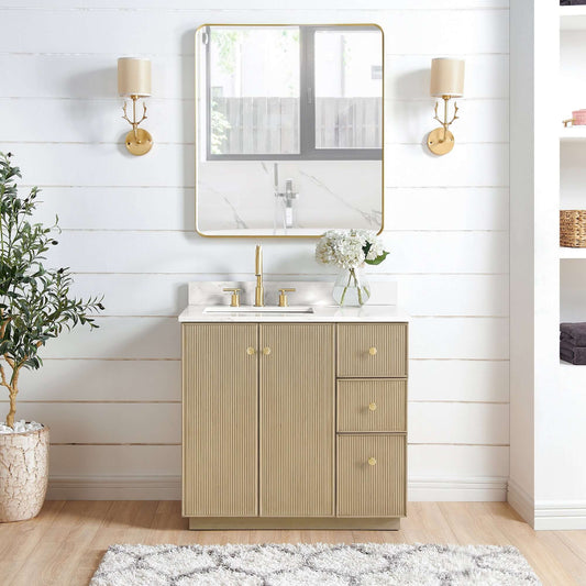 Vinnova Oza 36-inch free-standing single vanity in aged natural oak with white quartz stone top and mirror