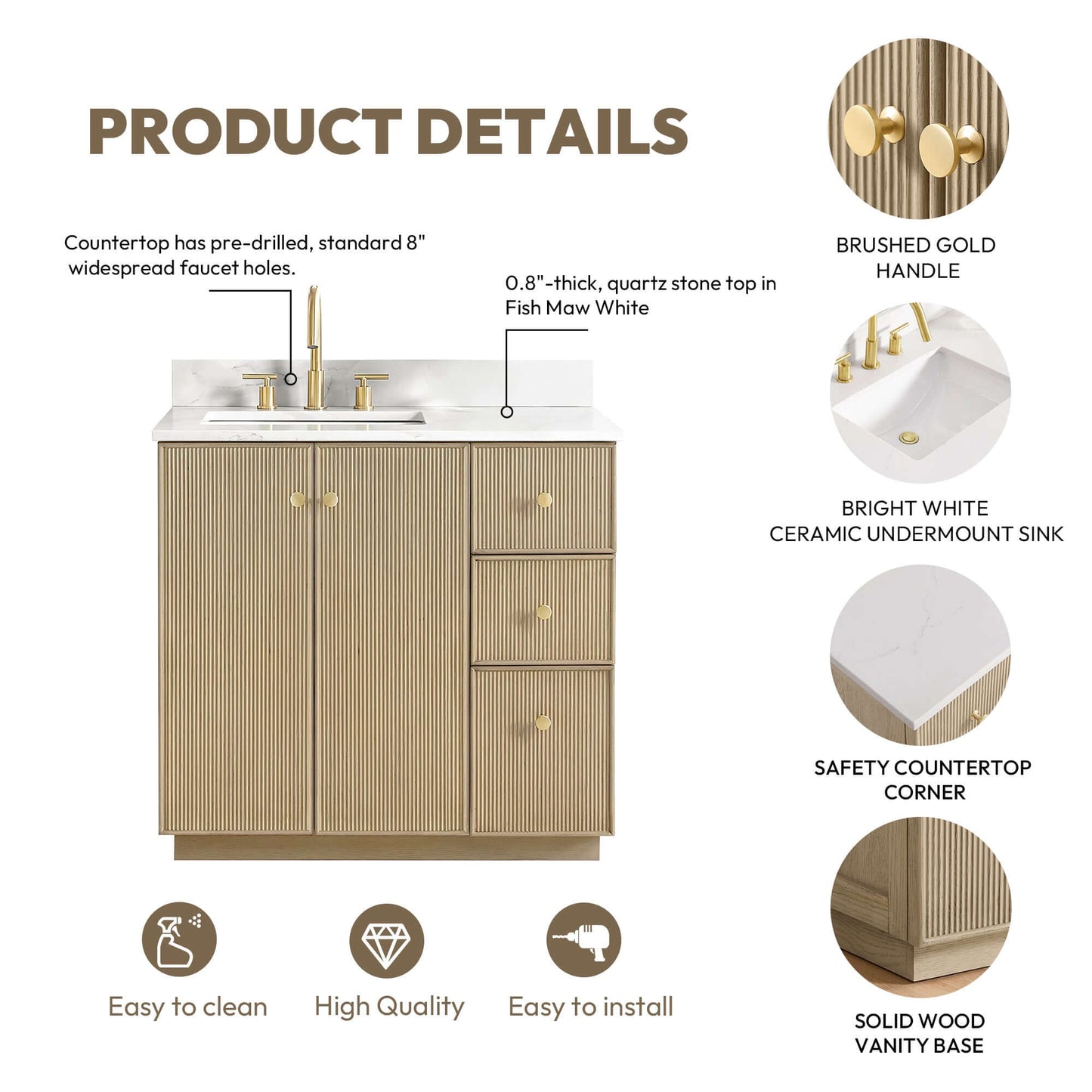 Vinnova Oza 36-inch free-standing single vanity in aged natural oak with white quartz stone top and mirror