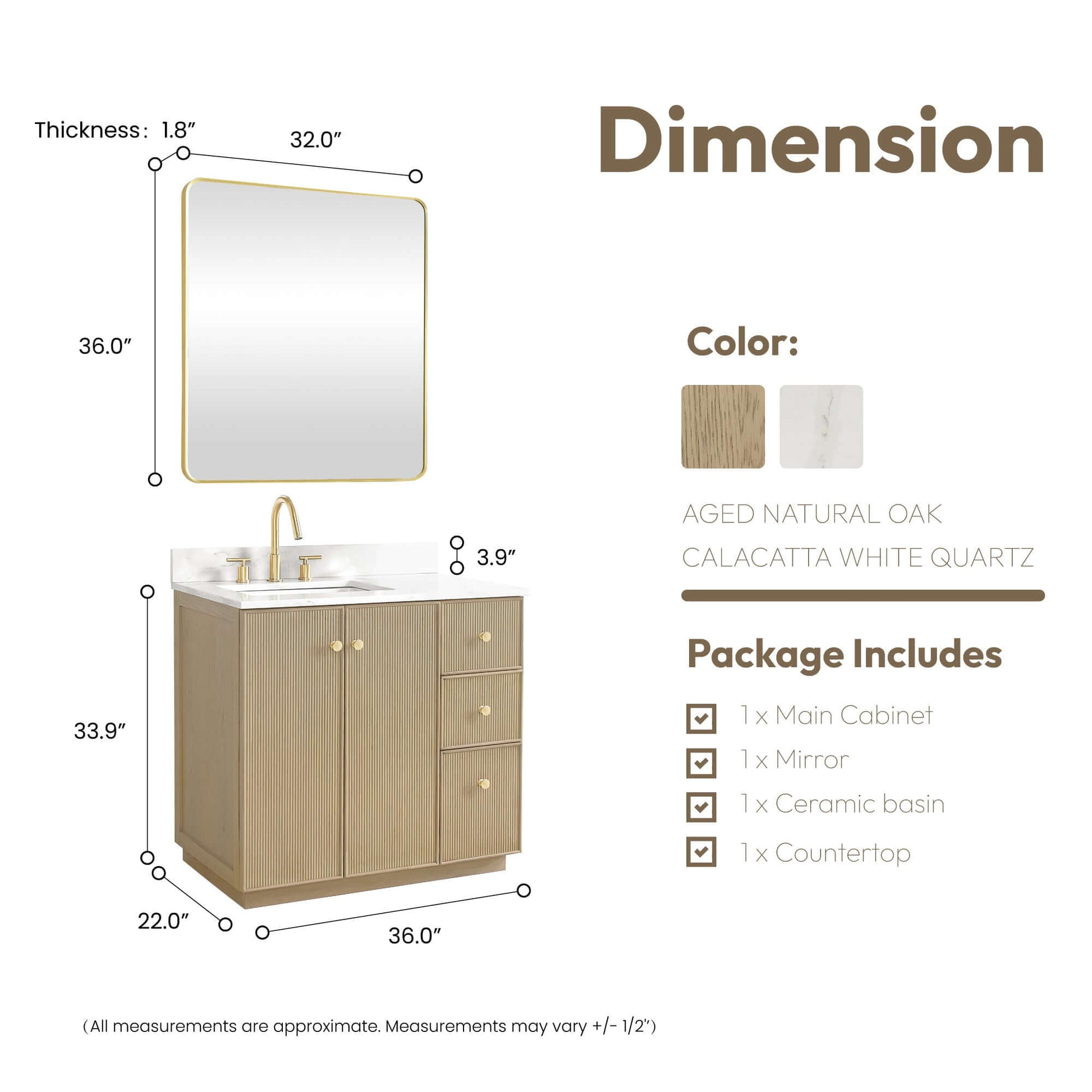 Vinnova Oza 36-inch free-standing single vanity in aged natural oak with white quartz stone top and mirror