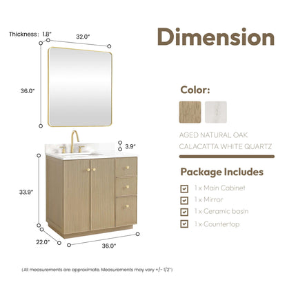 Vinnova Oza 36-inch free-standing single vanity in aged natural oak with white quartz stone top and mirror