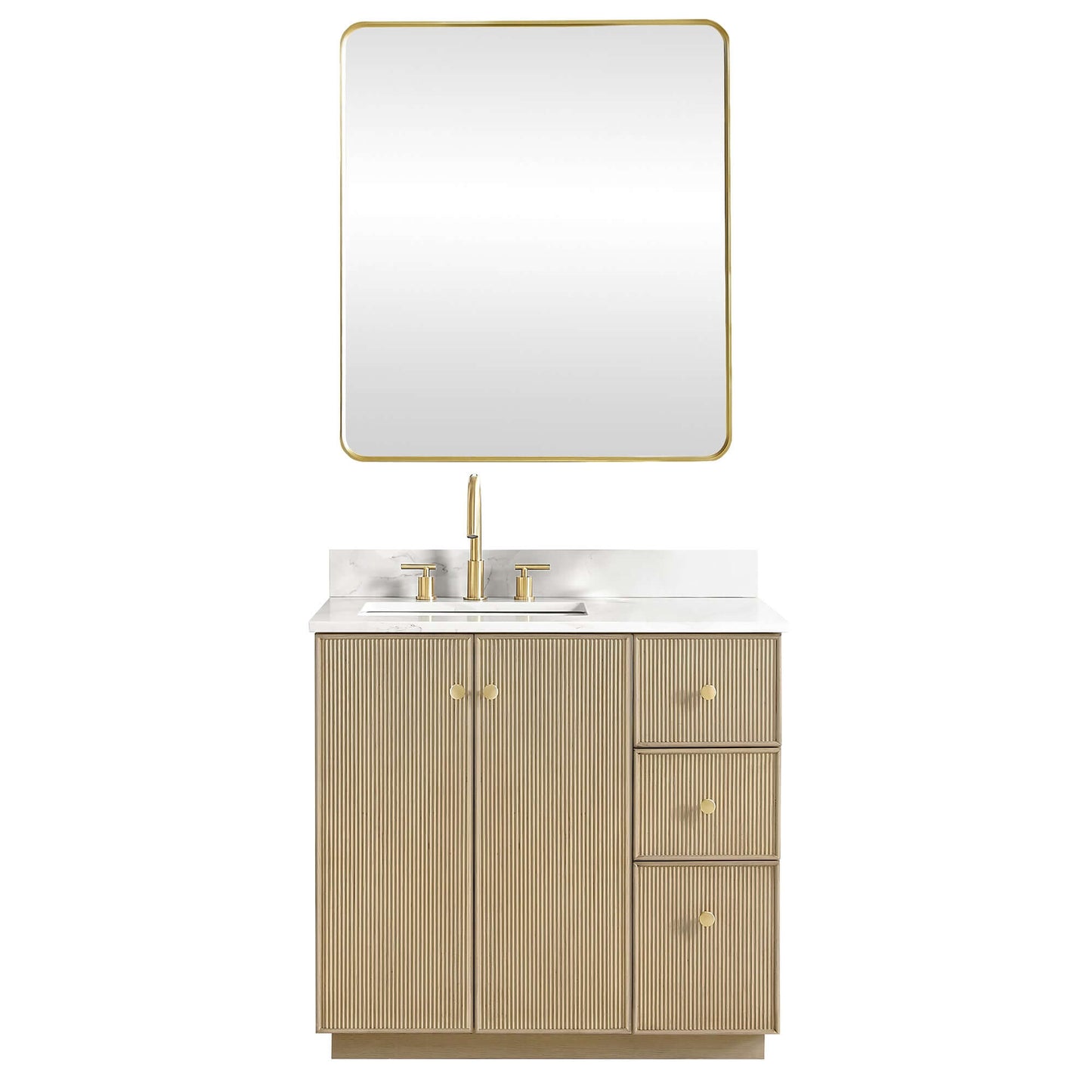 Vinnova Oza 36-inch free-standing single vanity in aged natural oak with white quartz stone top and mirror