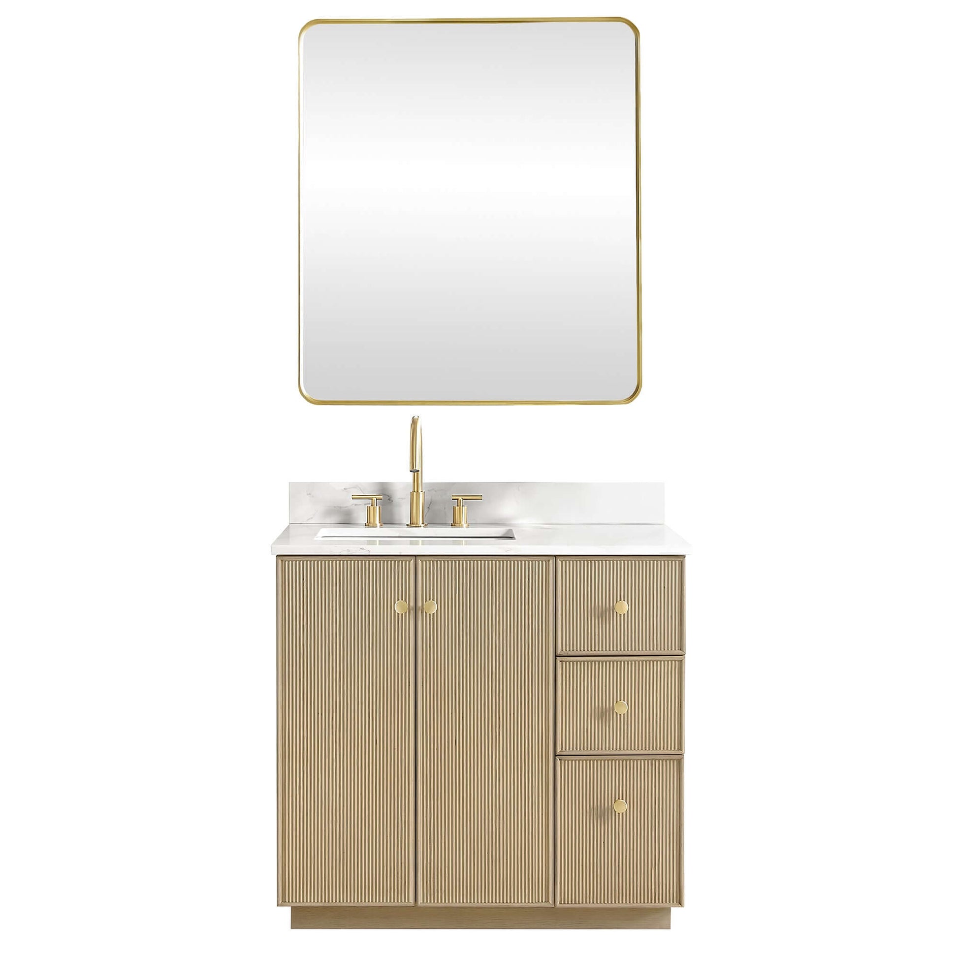 Vinnova Oza 36-inch free-standing single vanity in aged natural oak with white quartz stone top and mirror