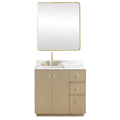 Vinnova Oza 36-inch free-standing single vanity in aged natural oak with white quartz stone top and mirror