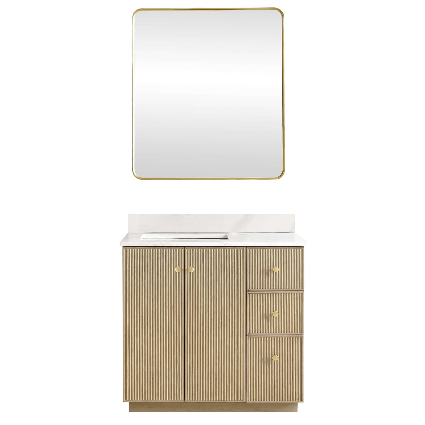 Vinnova Oza 36-inch free-standing single vanity in aged natural oak with white quartz stone top and mirror