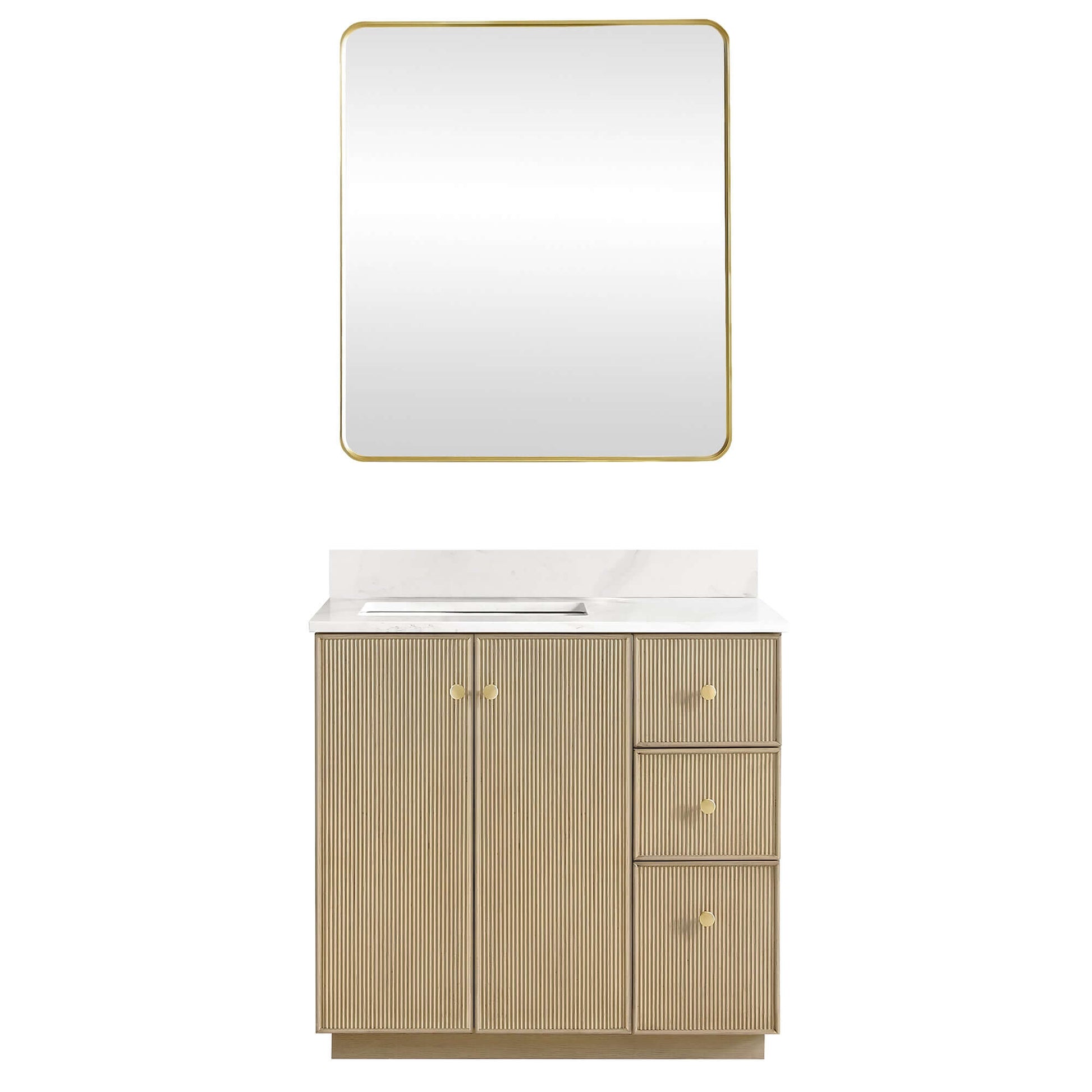 Vinnova Oza 36-inch free-standing single vanity in aged natural oak with white quartz stone top and mirror