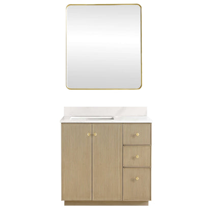 Vinnova Oza 36-inch free-standing single vanity in aged natural oak with white quartz stone top and mirror