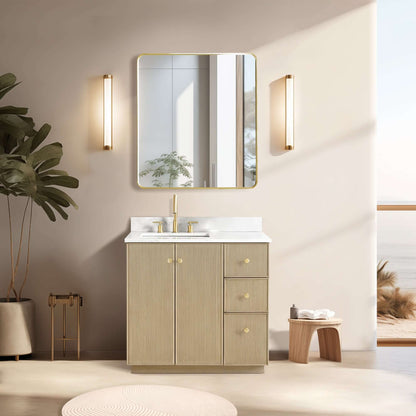 Vinnova Oza 36-inch free-standing single vanity in aged natural oak with white quartz stone top and mirror