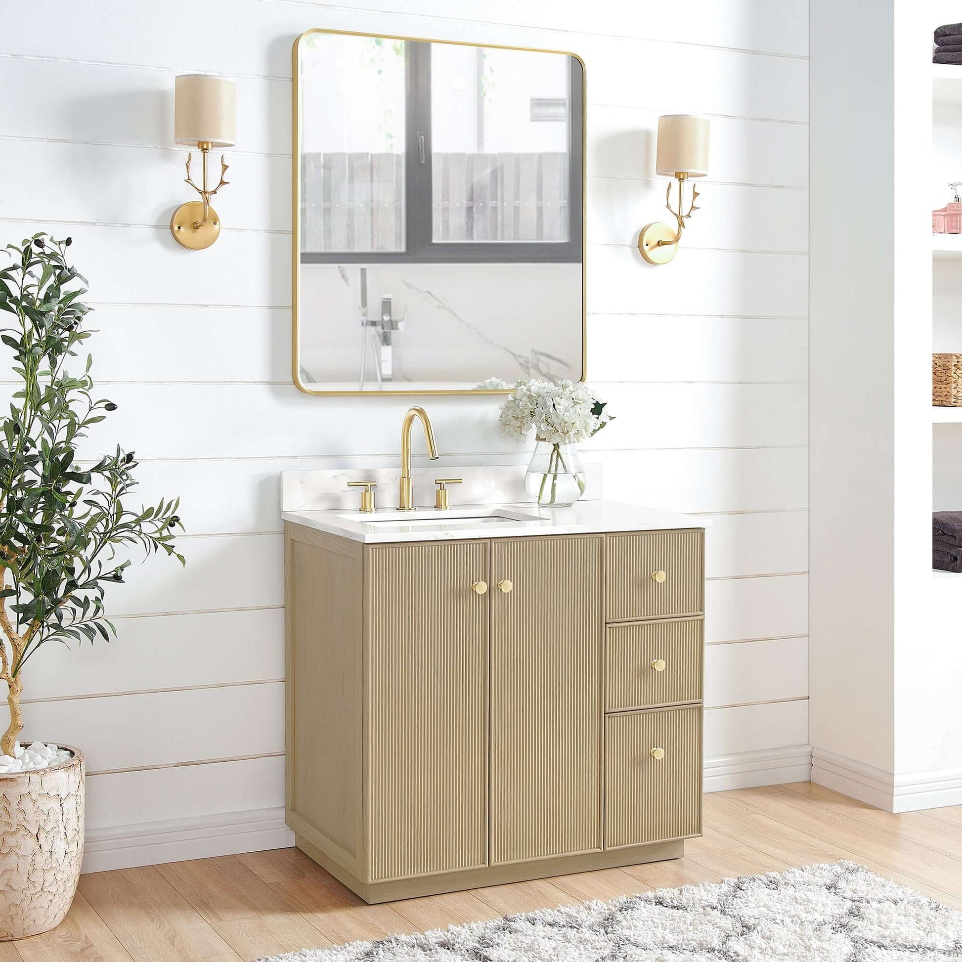 Vinnova Oza 36-inch free-standing single vanity in aged natural oak with white quartz stone top and mirror