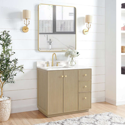 Vinnova Oza 36-inch free-standing single vanity in aged natural oak with white quartz stone top and mirror
