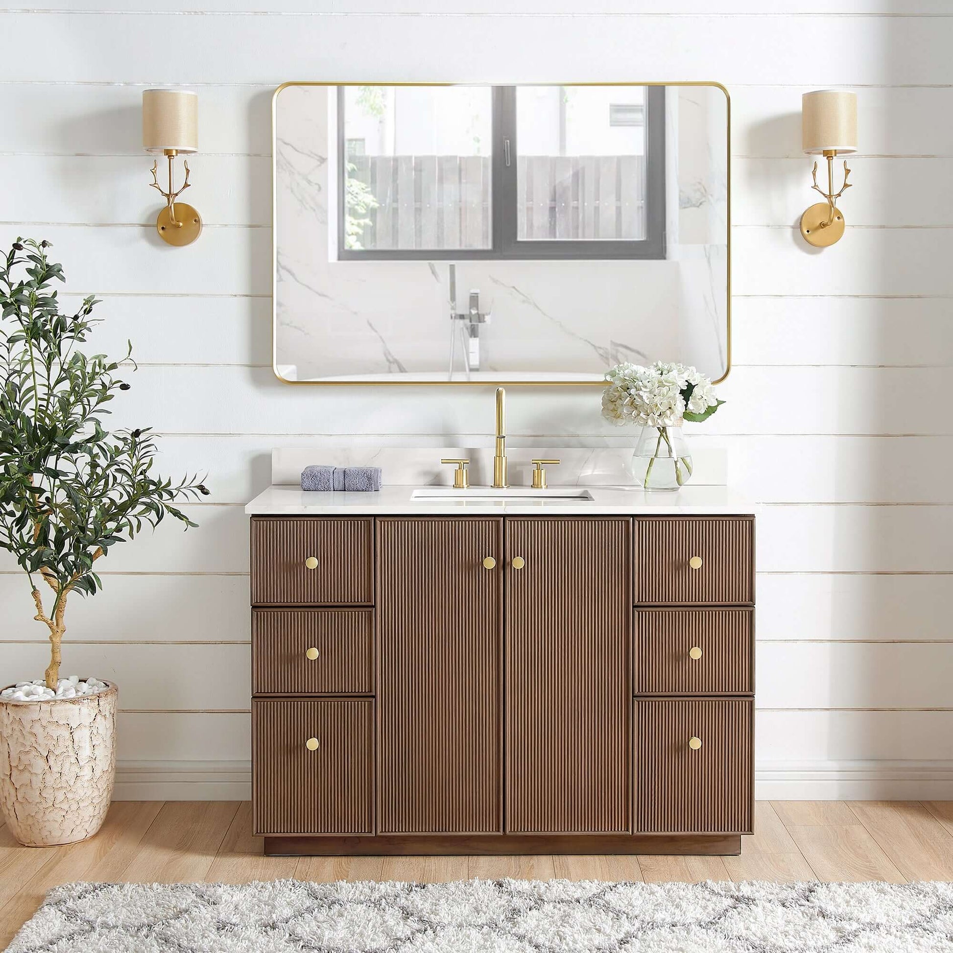 Vinnova Oza 48-inch free-standing single vanity in aged dark brown oak with white quartz stone top