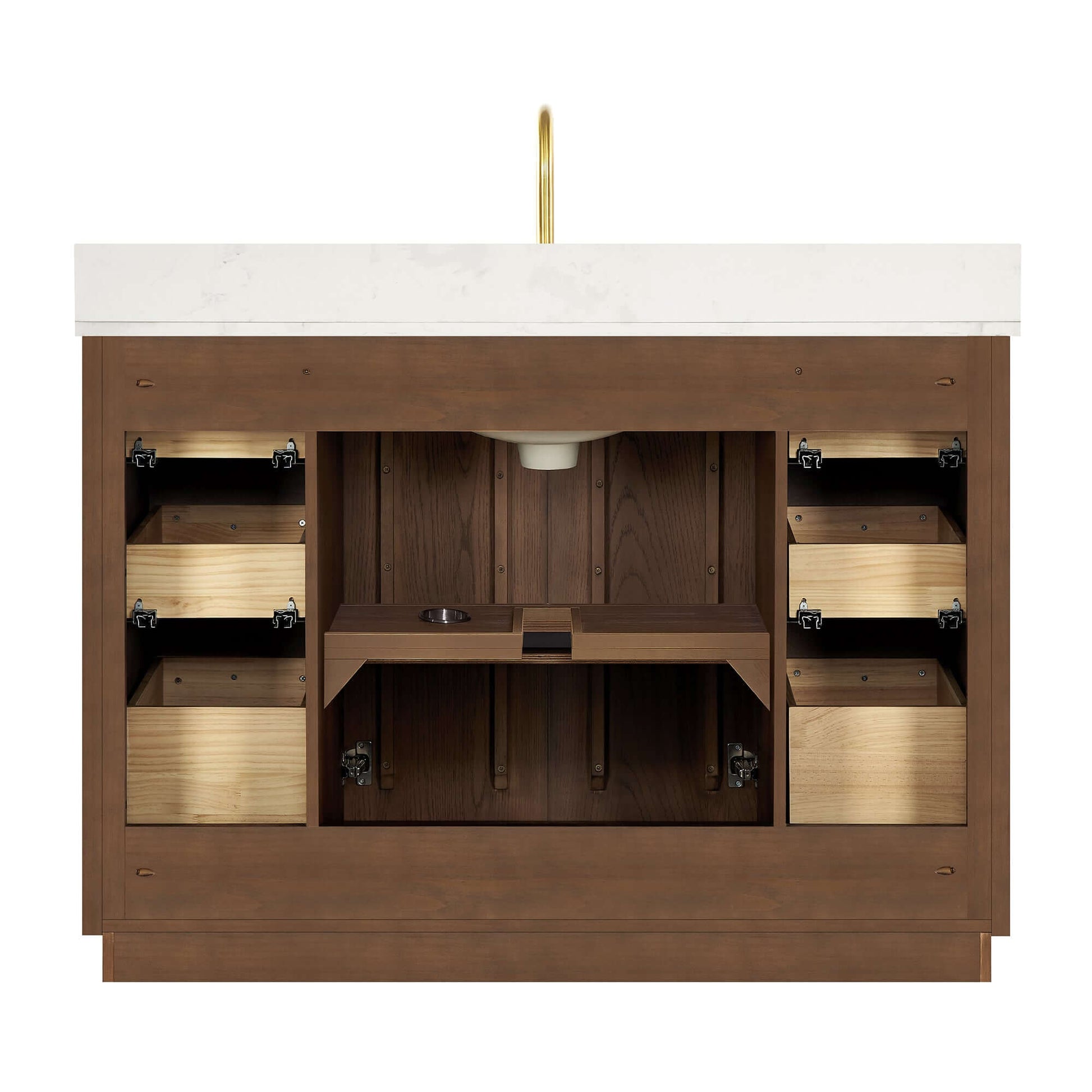 Vinnova Oza 48-inch free-standing single vanity in aged dark brown oak with white quartz stone top