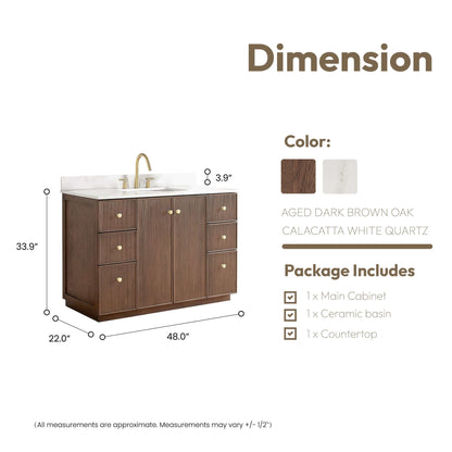 Vinnova Oza 48-inch free-standing single vanity in aged dark brown oak with white quartz stone top
