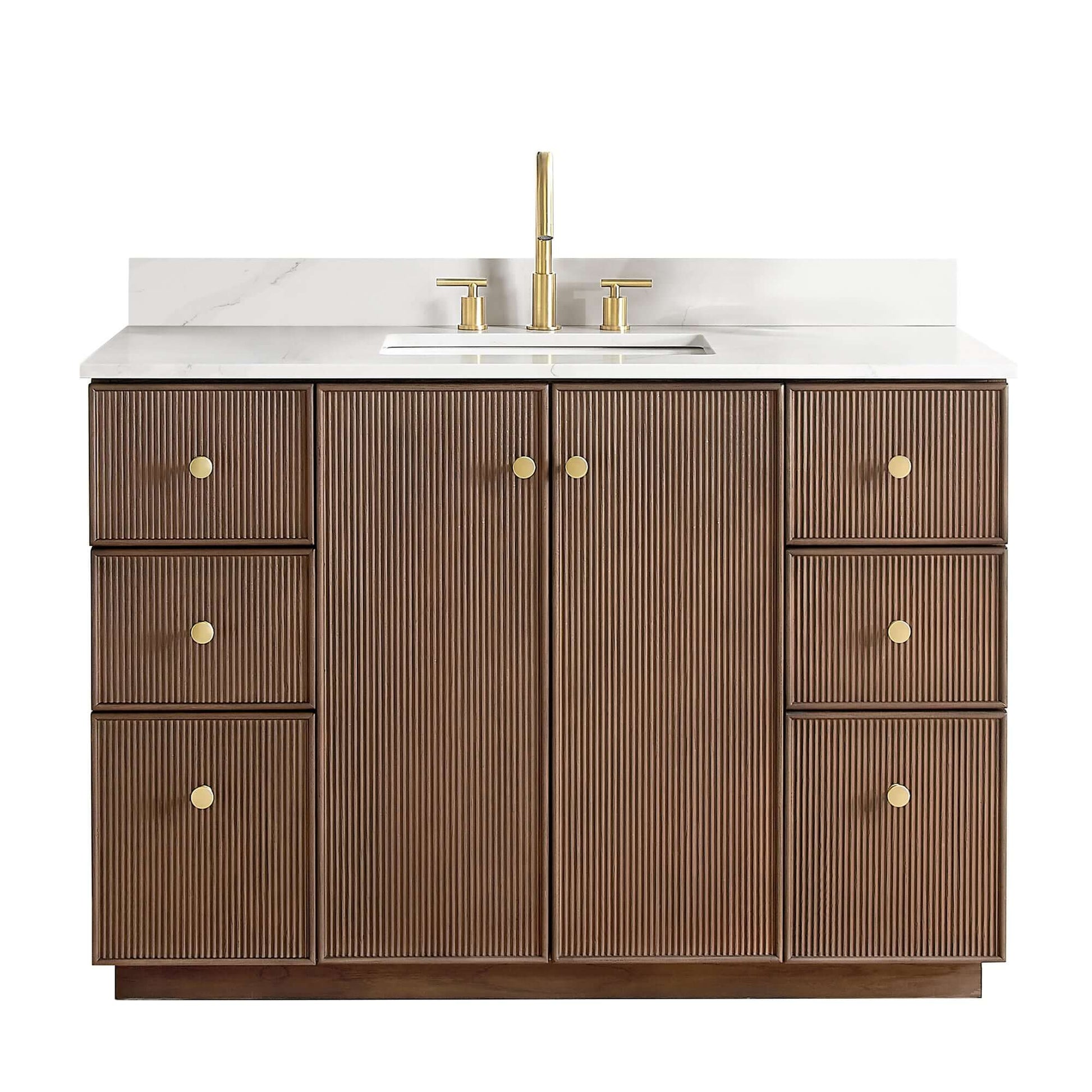 Vinnova Oza 48-inch free-standing single vanity in aged dark brown oak with white quartz stone top