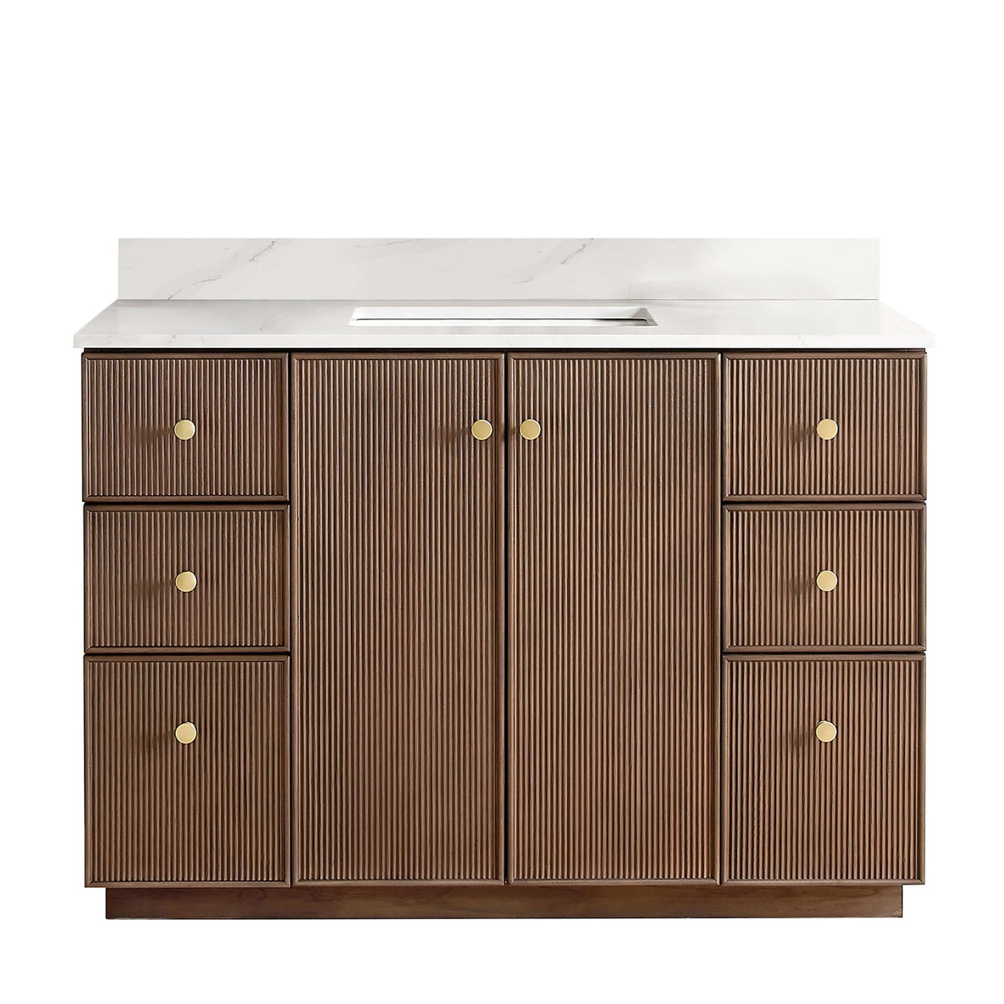 Vinnova Oza 48-inch free-standing single vanity in aged dark brown oak with white quartz stone top