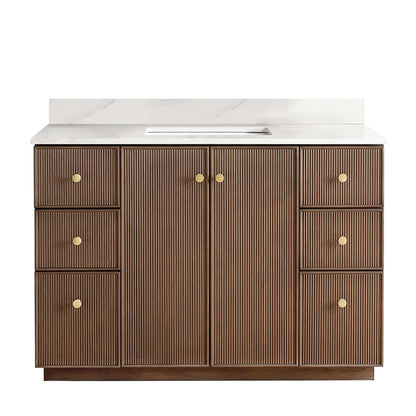 Vinnova Oza 48-inch free-standing single vanity in aged dark brown oak with white quartz stone top
