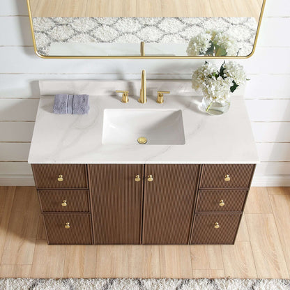 Vinnova Oza 48-inch free-standing single vanity in aged dark brown oak with white quartz stone top