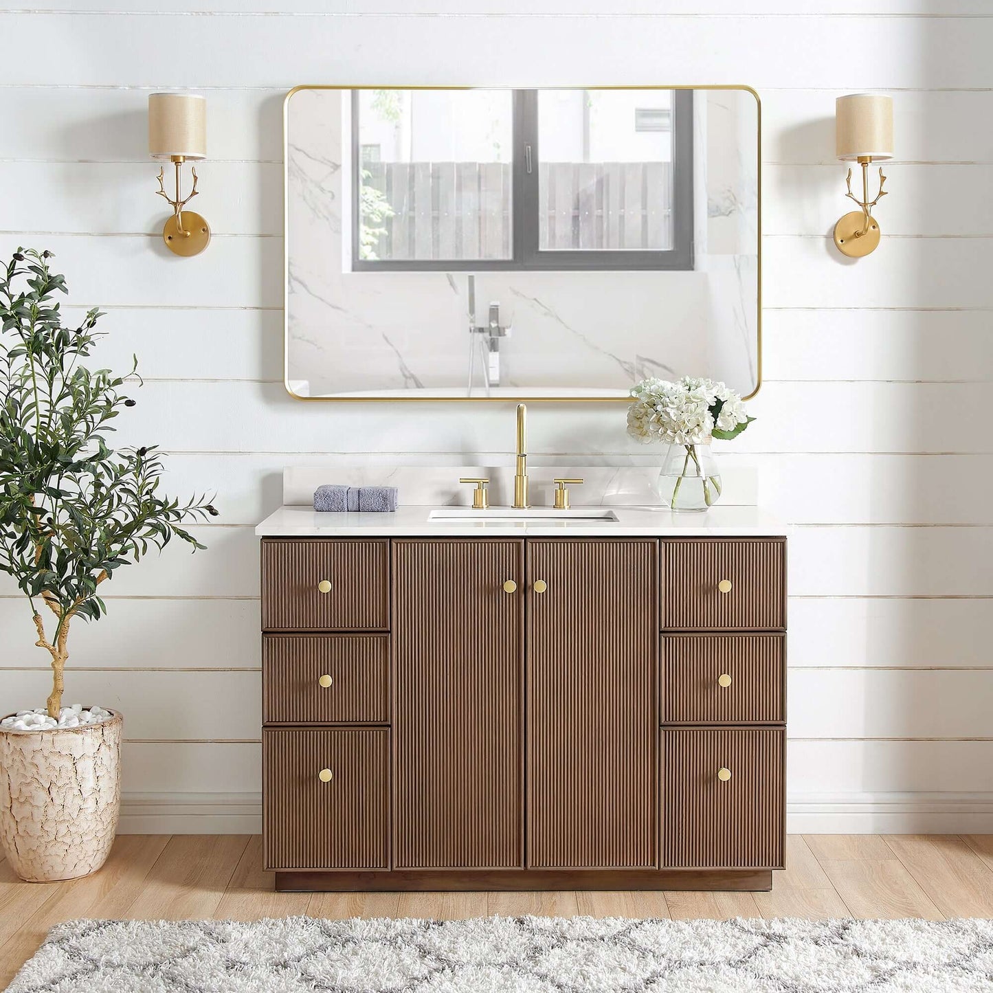 Vinnova Oza 48-inch free-standing single vanity in aged dark brown oak with white quartz stone top and mirror