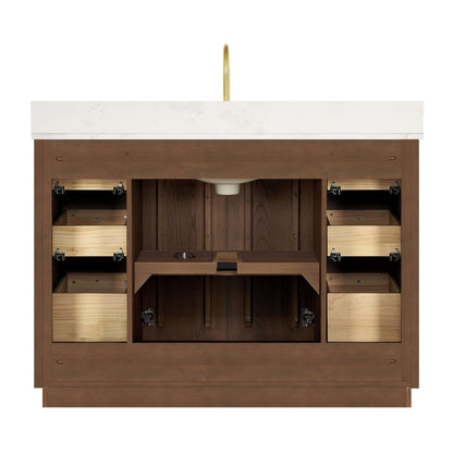 Vinnova Oza 48-inch free-standing single vanity in aged dark brown oak with white quartz stone top and mirror