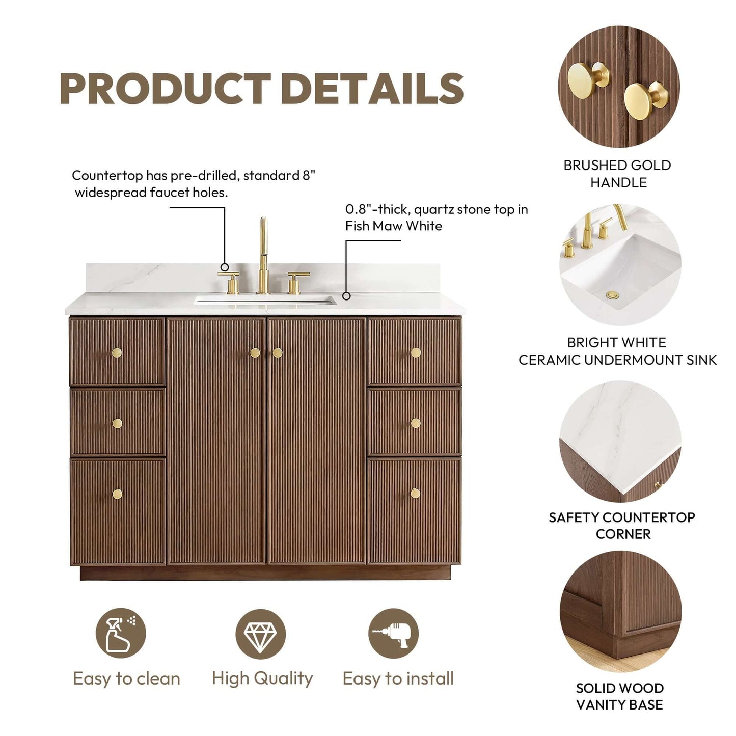 Vinnova Oza 48-inch free-standing single vanity in aged dark brown oak with white quartz stone top and mirror