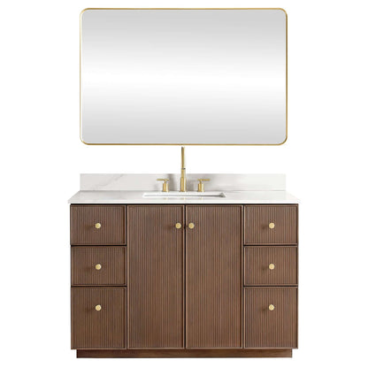 Vinnova Oza 48-inch free-standing single vanity in aged dark brown oak with white quartz stone top and mirror