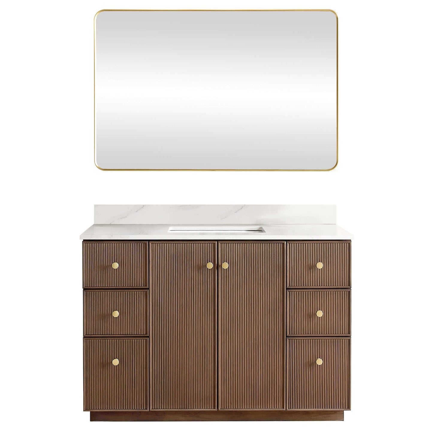 Vinnova Oza 48-inch free-standing single vanity in aged dark brown oak with white quartz stone top and mirror