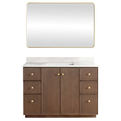 Vinnova Oza 48-inch free-standing single vanity in aged dark brown oak with white quartz stone top and mirror