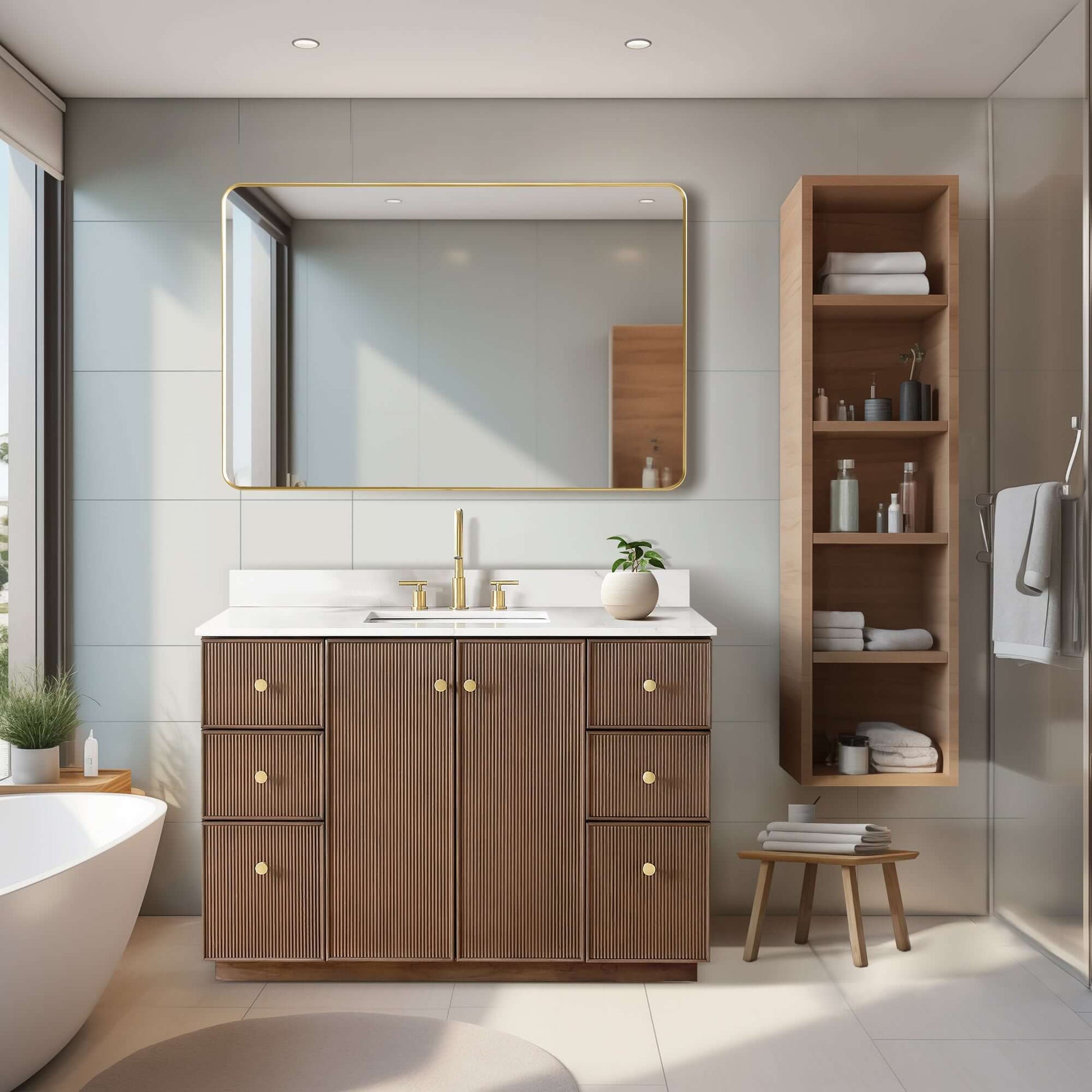 Vinnova Oza 48-inch free-standing single vanity in aged dark brown oak with white quartz stone top and mirror