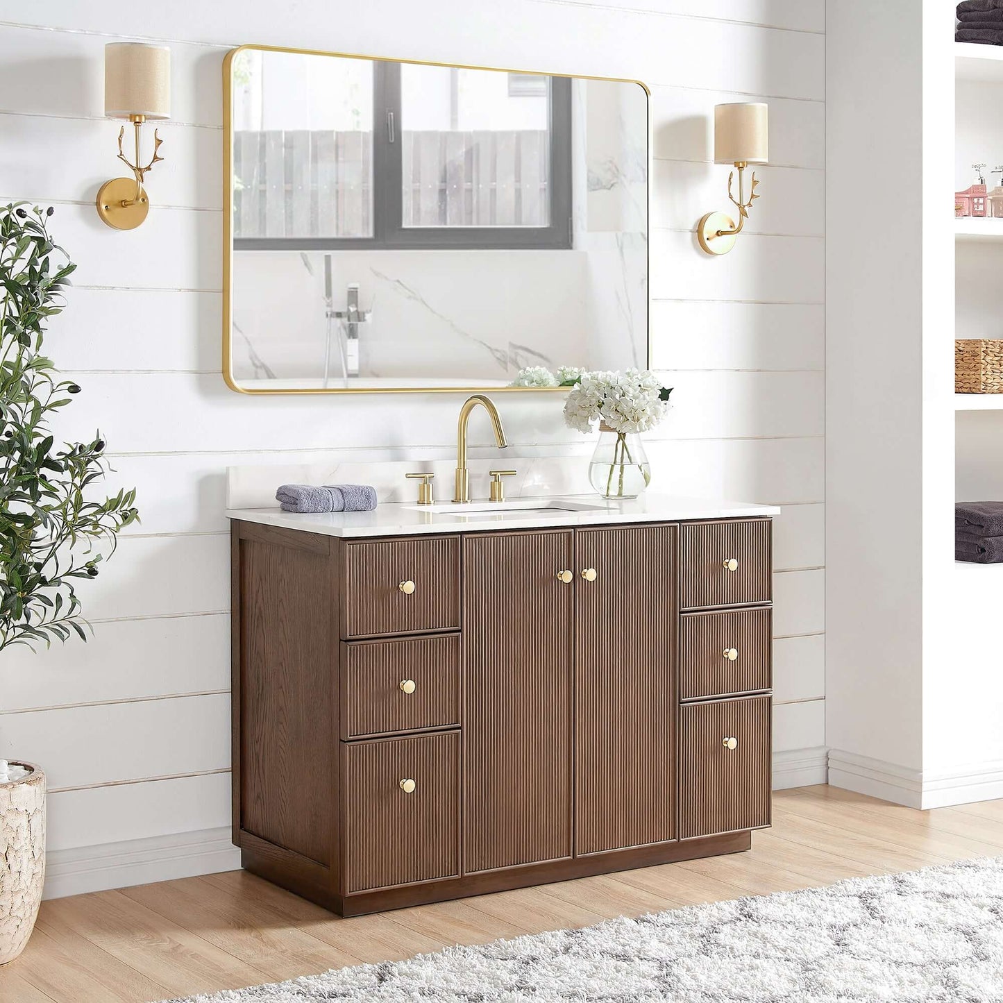 Vinnova Oza 48-inch free-standing single vanity in aged dark brown oak with white quartz stone top and mirror