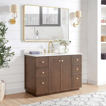 Vinnova Oza 48-inch free-standing single vanity in aged dark brown oak with white quartz stone top and mirror