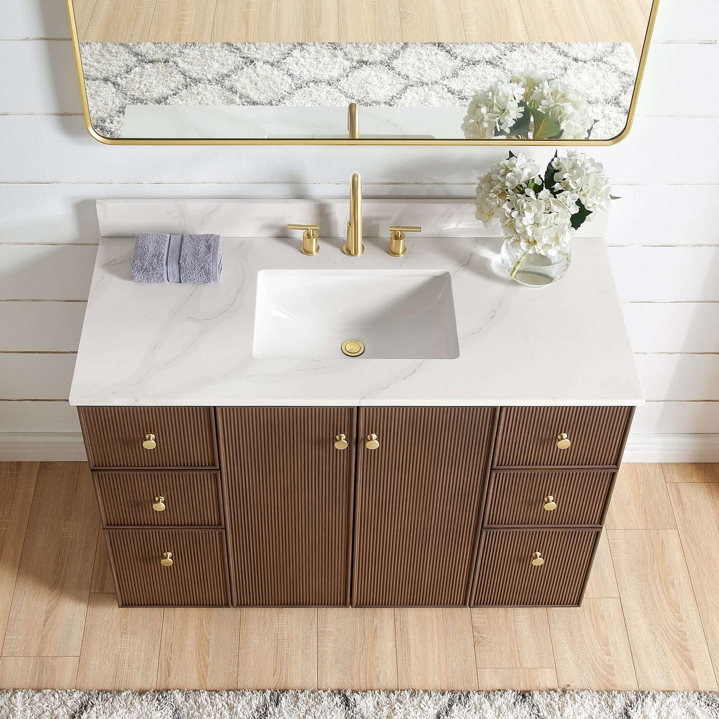 Vinnova Oza 48-inch free-standing single vanity in aged dark brown oak with white quartz stone top and mirror