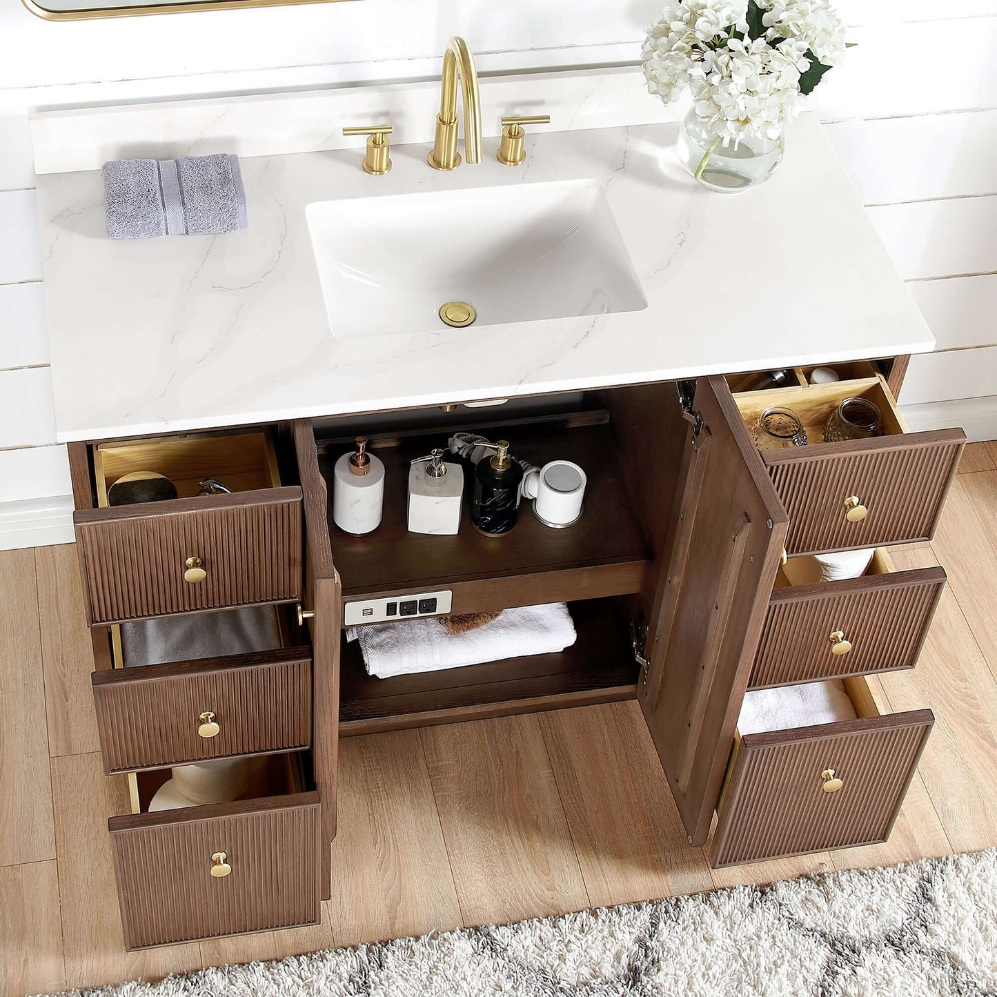 Vinnova Oza 48-inch free-standing single vanity in aged dark brown oak with white quartz stone top and mirror