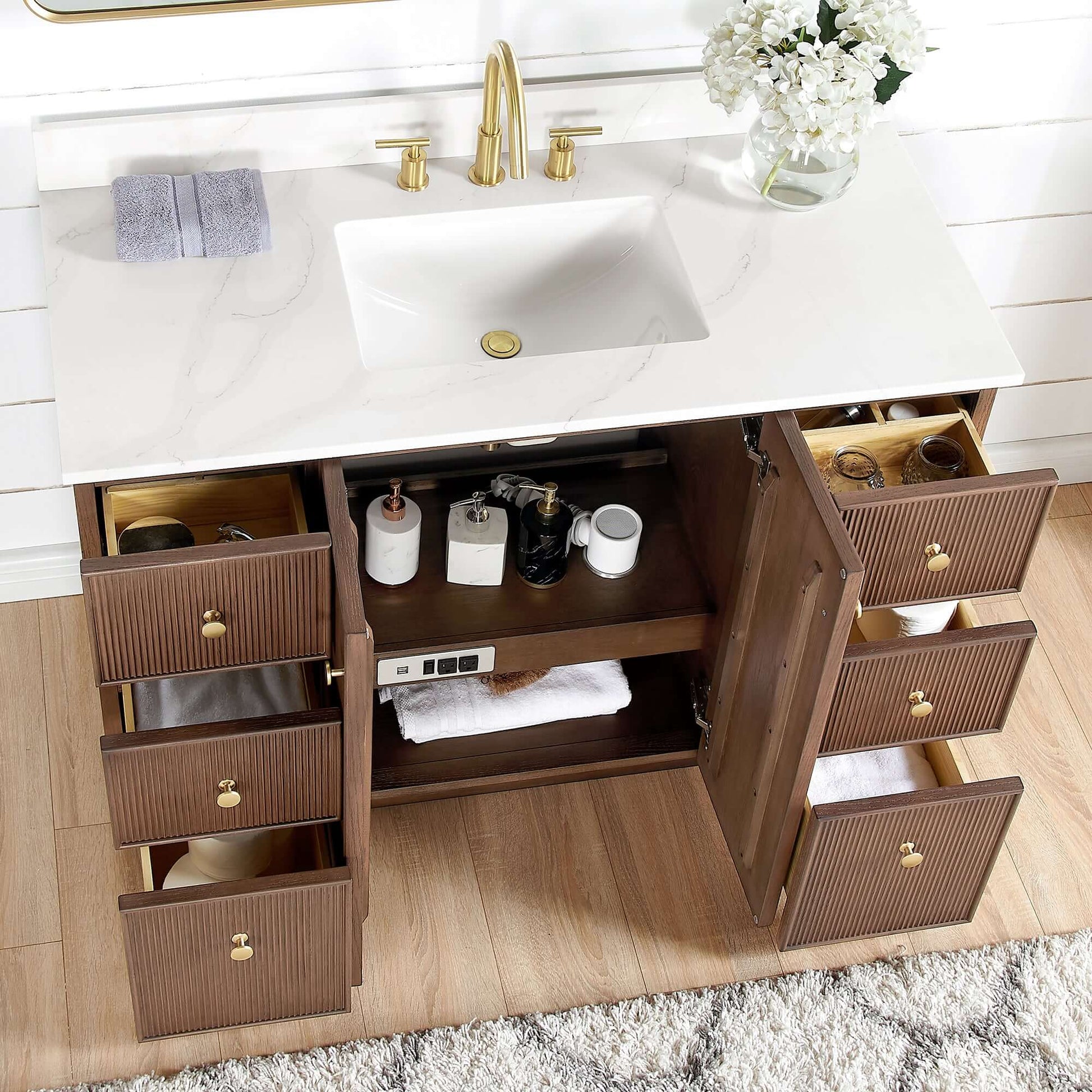 Vinnova Oza 48-inch free-standing single vanity in aged dark brown oak with white quartz stone top and mirror