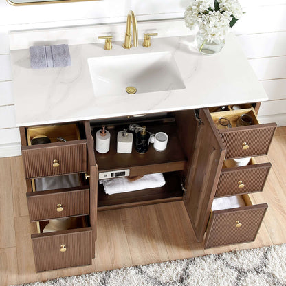 Vinnova Oza 48-inch free-standing single vanity in aged dark brown oak with white quartz stone top and mirror