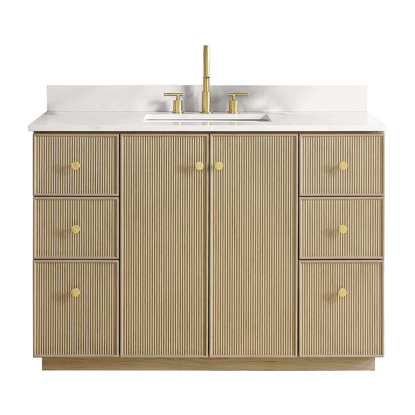 Vinnova Oza 48-inch free-standing single vanity in aged natural oak with white quartz stone top