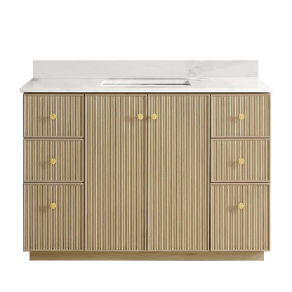 Vinnova Oza 48-inch free-standing single vanity in aged natural oak with white quartz stone top