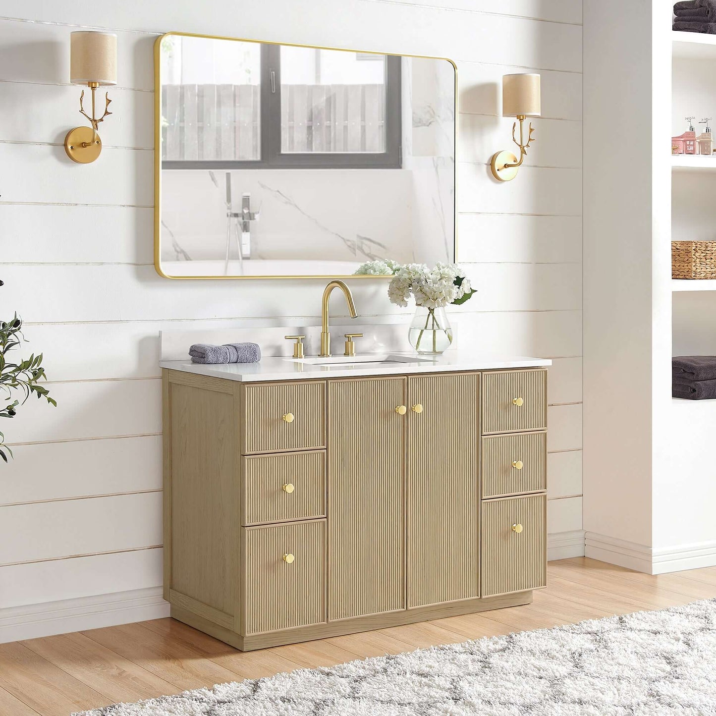 Vinnova Oza 48-inch free-standing single vanity in aged natural oak with white quartz stone top
