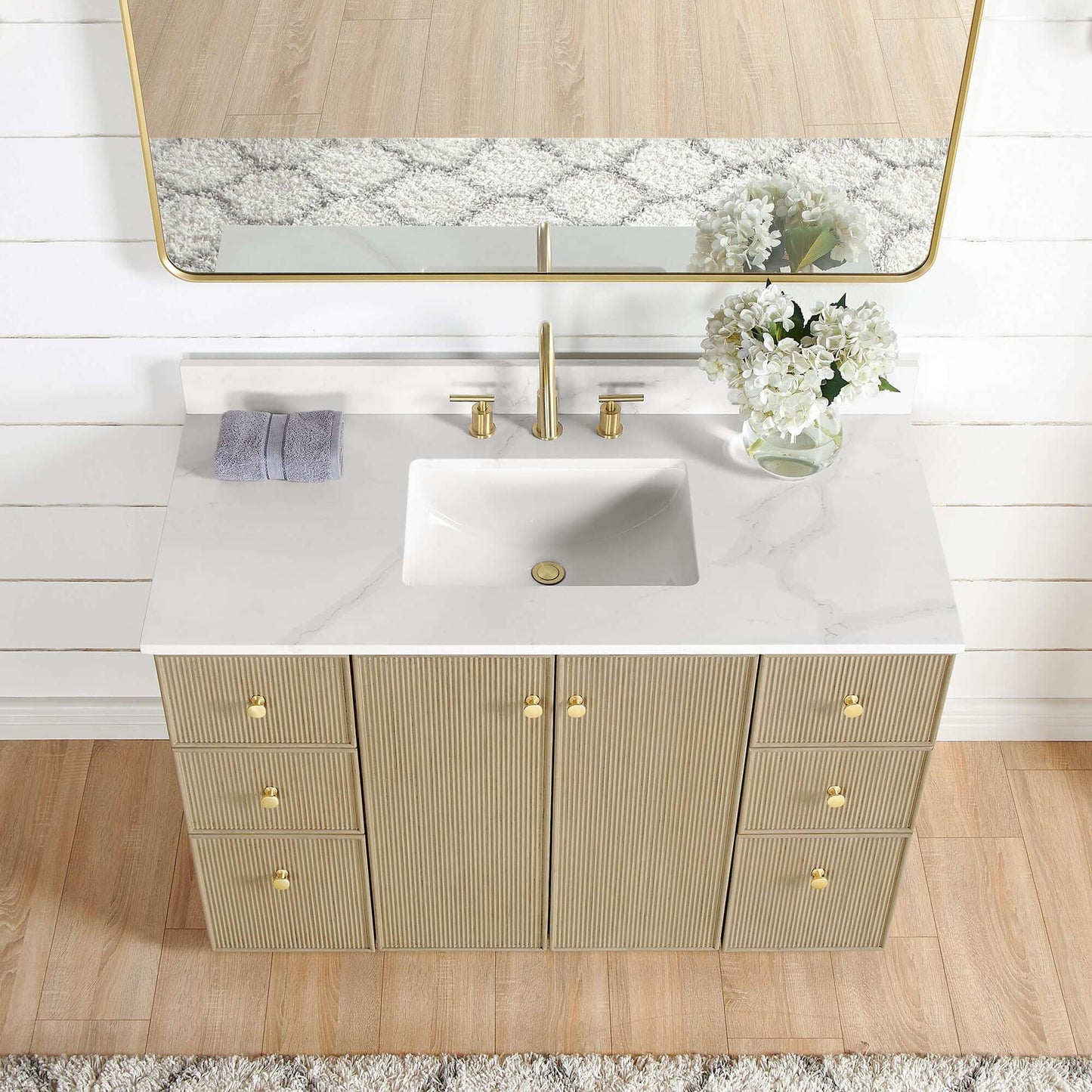 Vinnova Oza 48-inch free-standing single vanity in aged natural oak with white quartz stone top