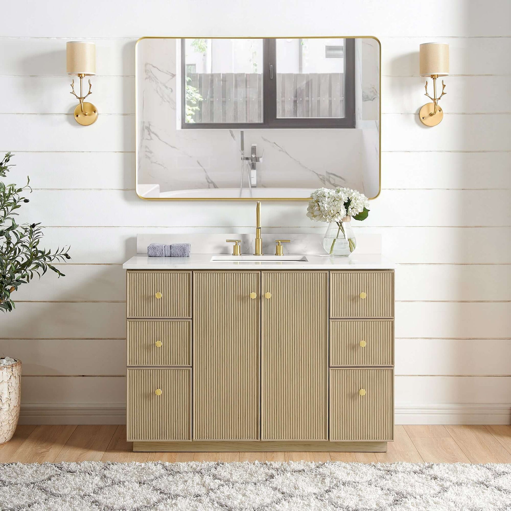 Vinnova Oza 48-inch free-standing single vanity in aged natural oak with white quartz stone top and mirror