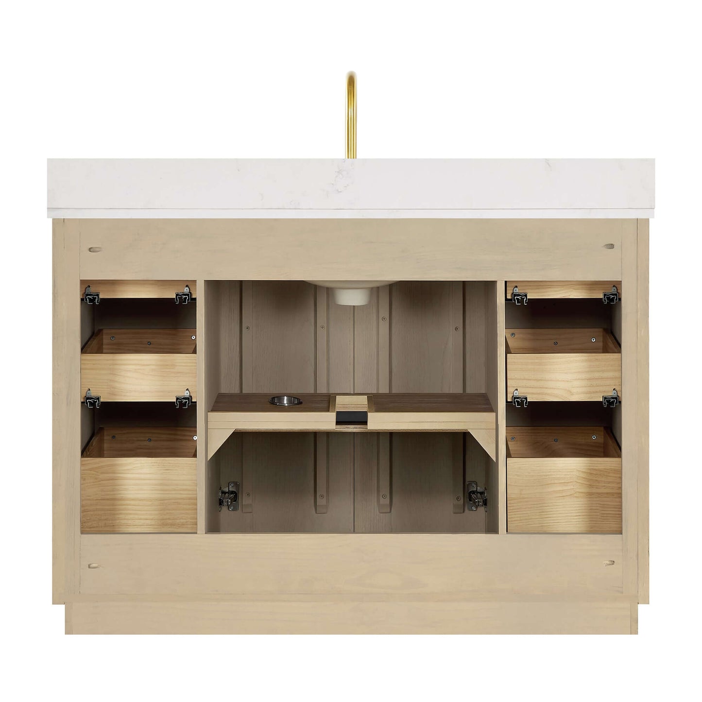 Vinnova Oza 48-inch free-standing single vanity in aged natural oak with white quartz stone top and mirror