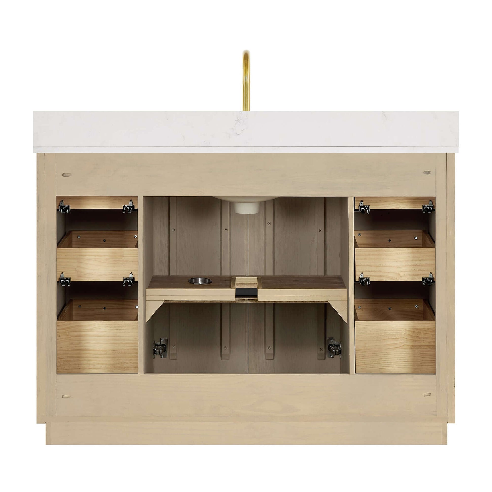 Vinnova Oza 48-inch free-standing single vanity in aged natural oak with white quartz stone top and mirror