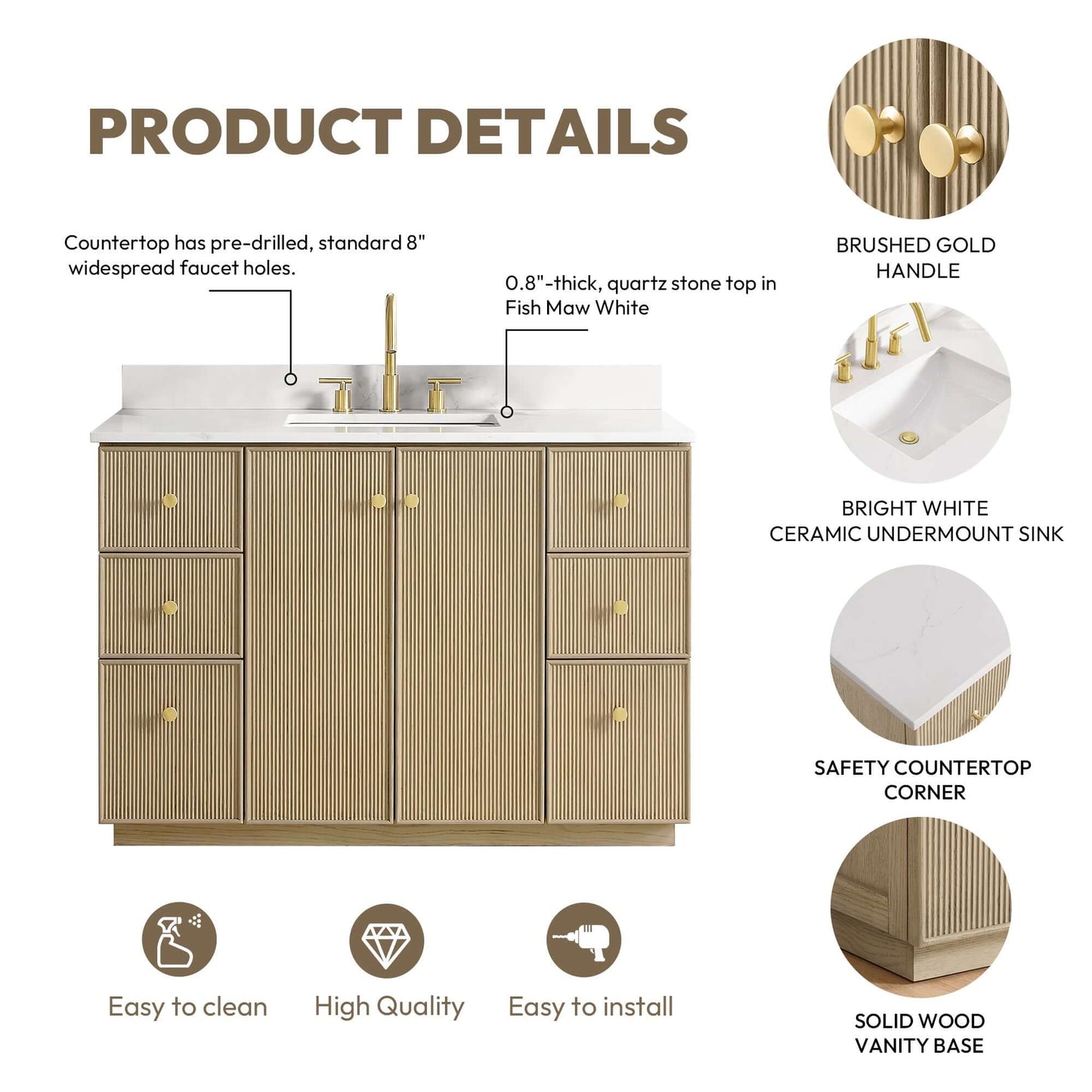 Vinnova Oza 48-inch free-standing single vanity in aged natural oak with white quartz stone top and mirror