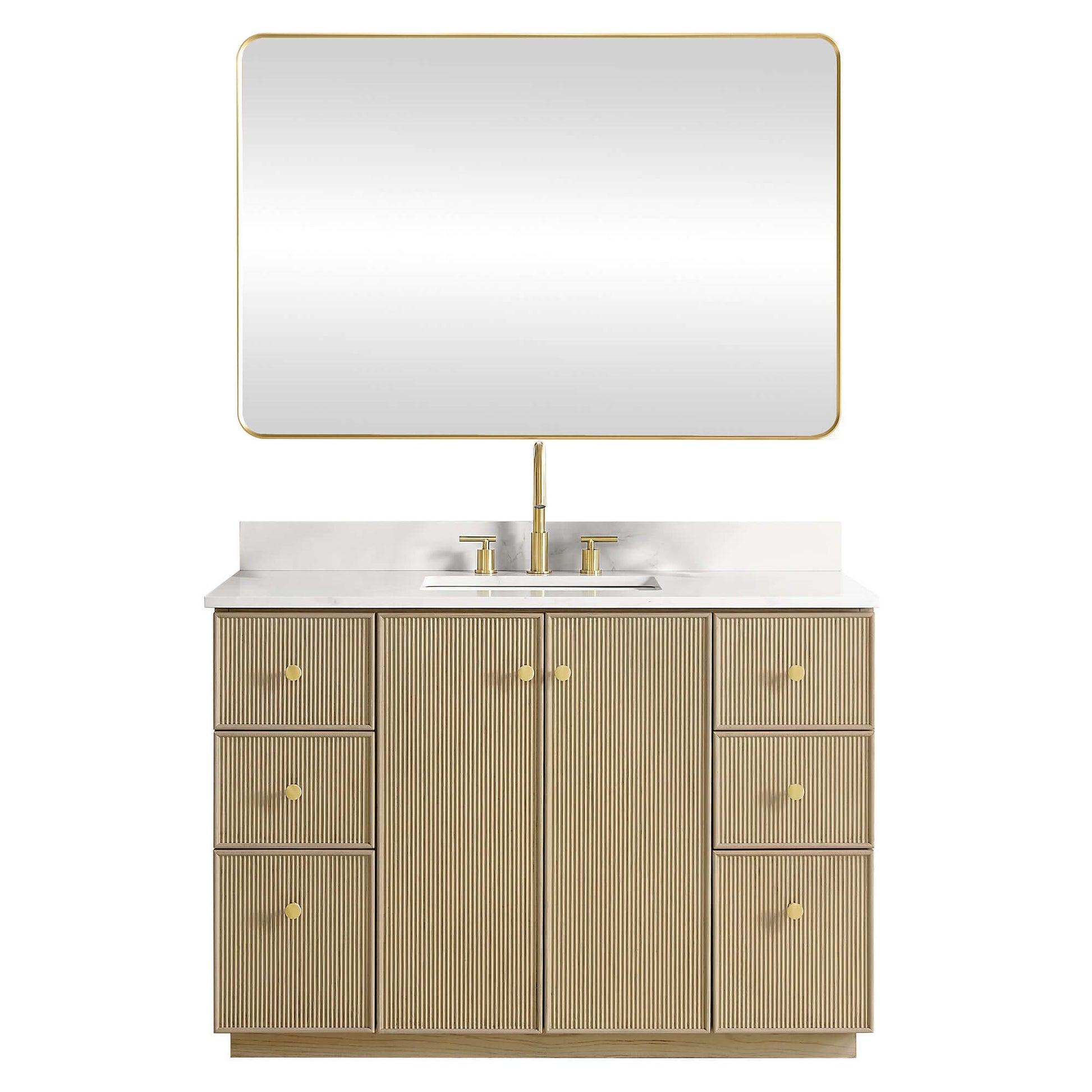 Vinnova Oza 48-inch free-standing single vanity in aged natural oak with white quartz stone top and mirror