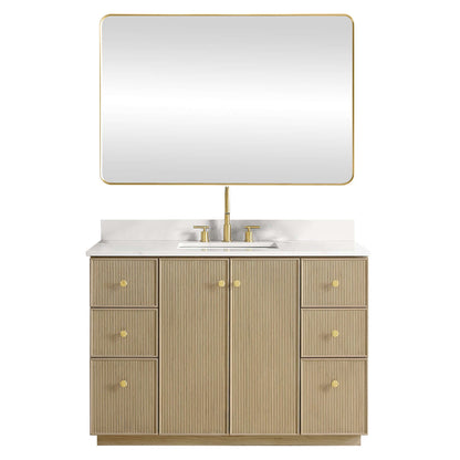 Vinnova Oza 48-inch free-standing single vanity in aged natural oak with white quartz stone top and mirror