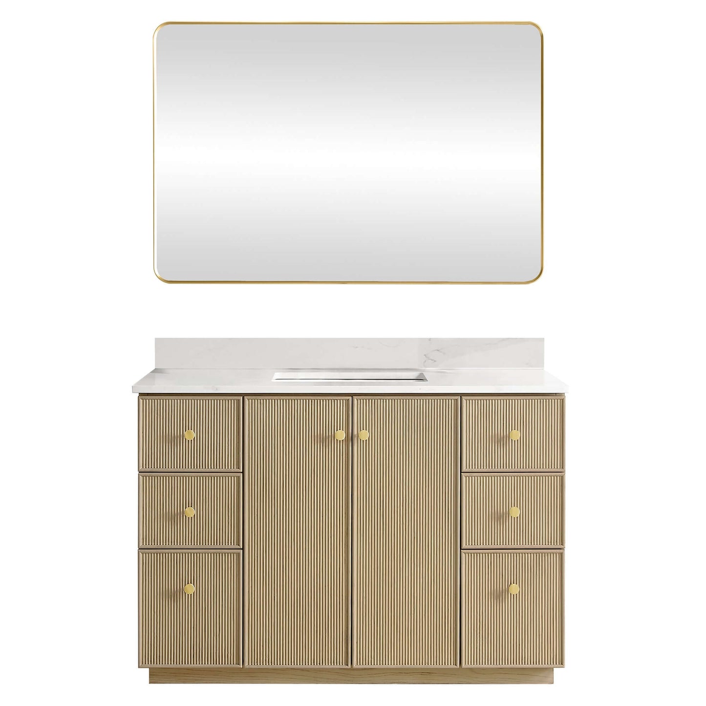 Vinnova Oza 48-inch free-standing single vanity in aged natural oak with white quartz stone top and mirror